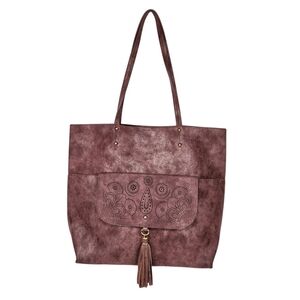 Vegan Leather Tote Bag With Tassel And Gold Trim Large Burgundy